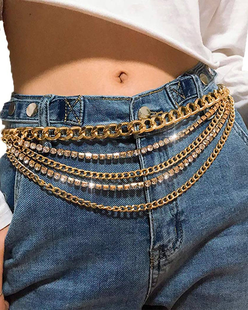 Gold Punk Waist Chain Layered Rhinestone Belly Chain Body Jewelry