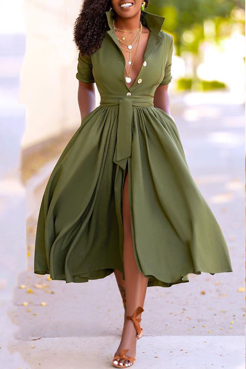 Casual Solid Patchwork Turndown Collar Cake Skirt Dresses